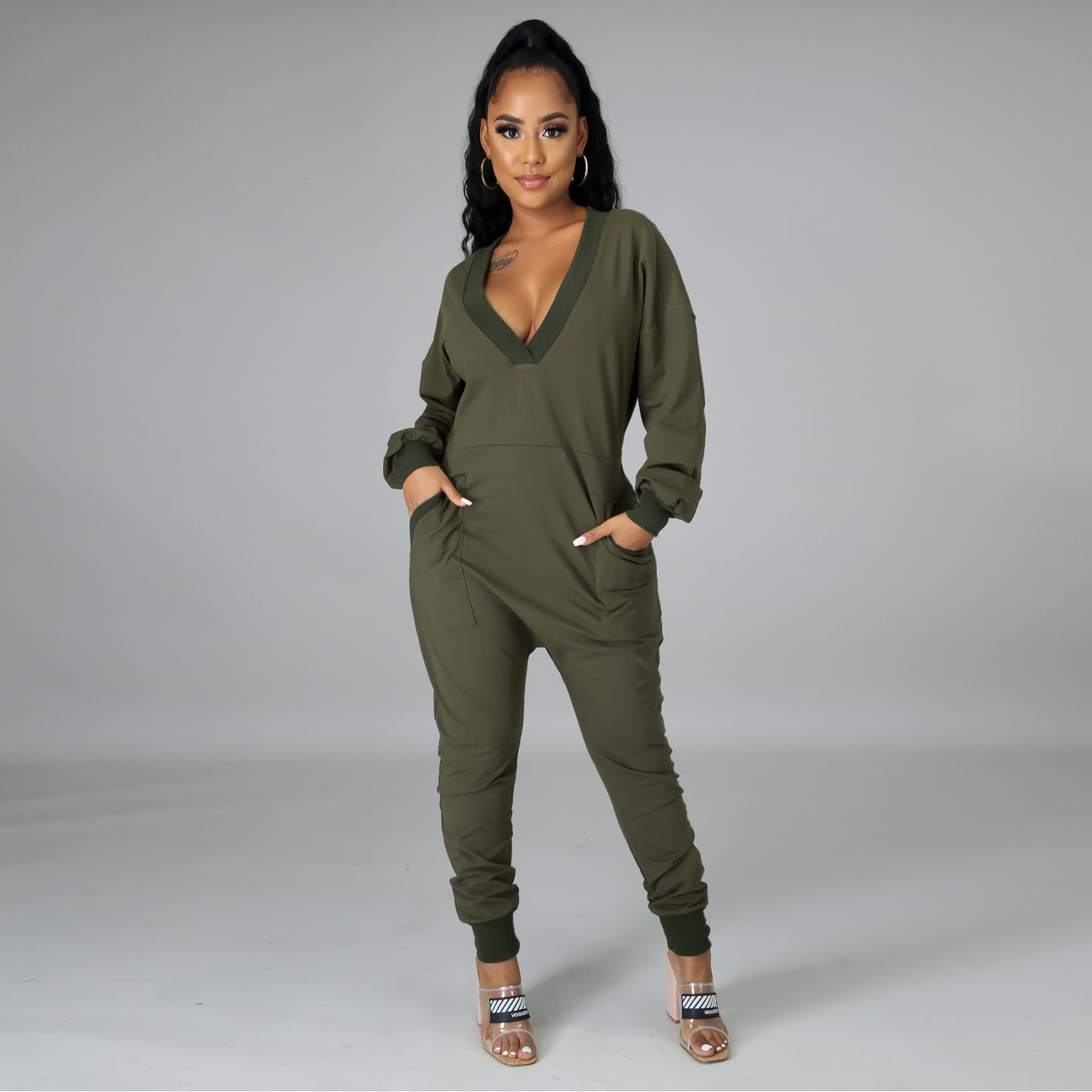 Deep V-Neck Long Sleeve Pocketed Women's Harem Pants Jumpsuit to 3X Plus Size