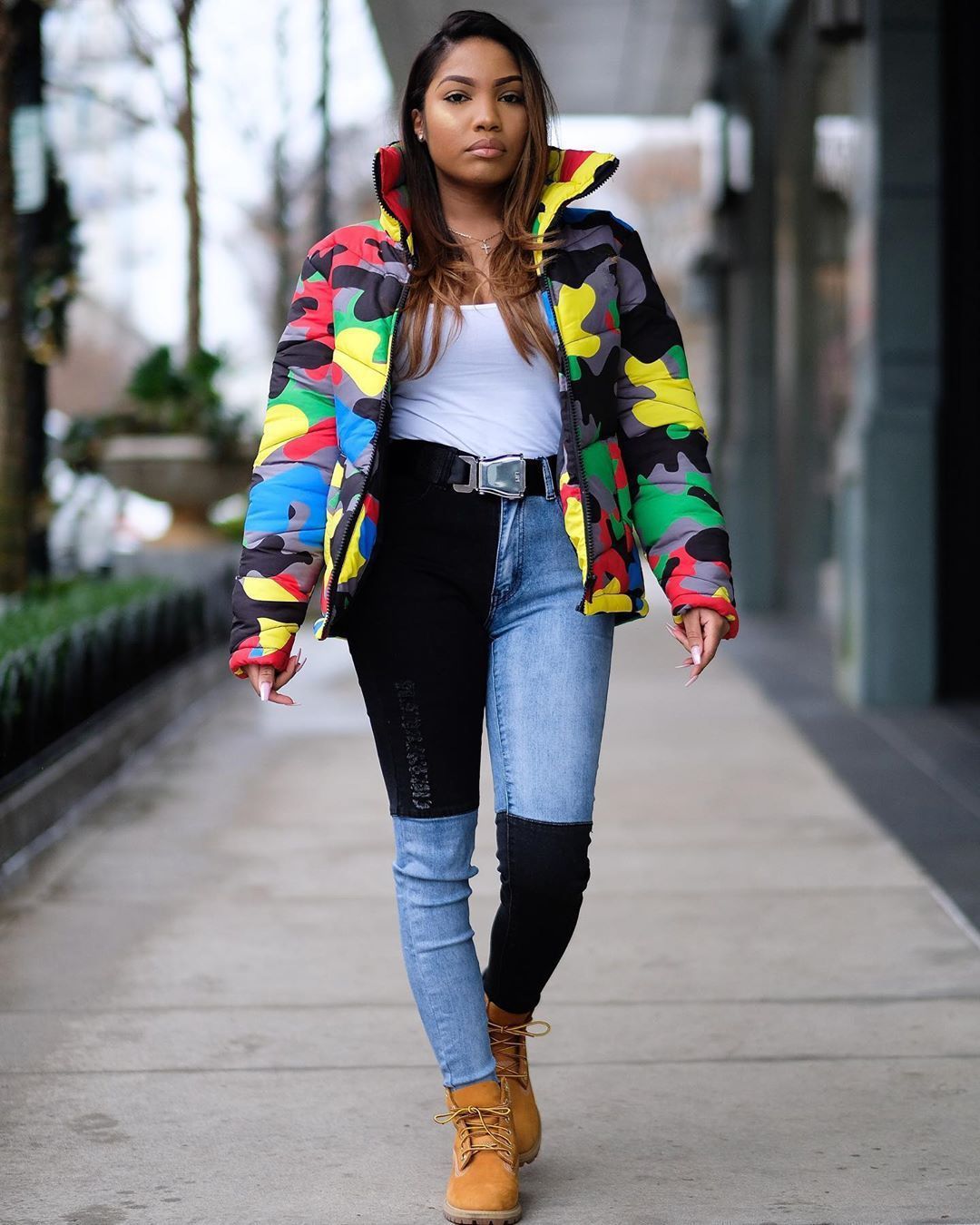 Camoflauge Print Stand Collar Streetwear Unisex Zipper Bomber Puffer Jacket