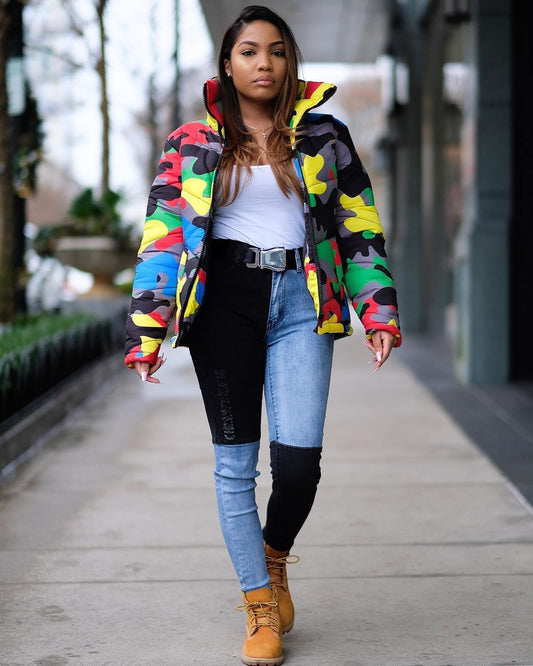 Camoflauge Print Stand Collar Streetwear Unisex Zipper Bomber Puffer Jacket