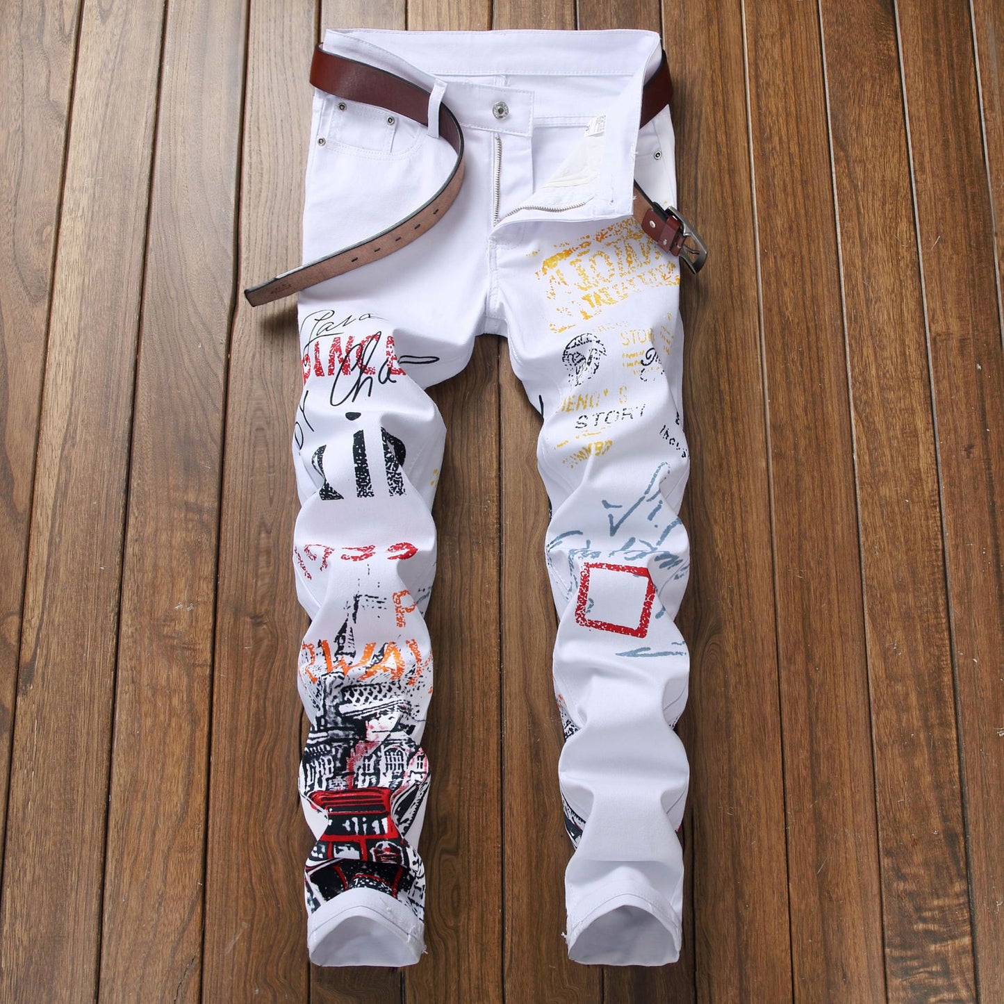 Men's White/Black Hip-Hop Graffiti Letter Print Ruched Skinny Jeans