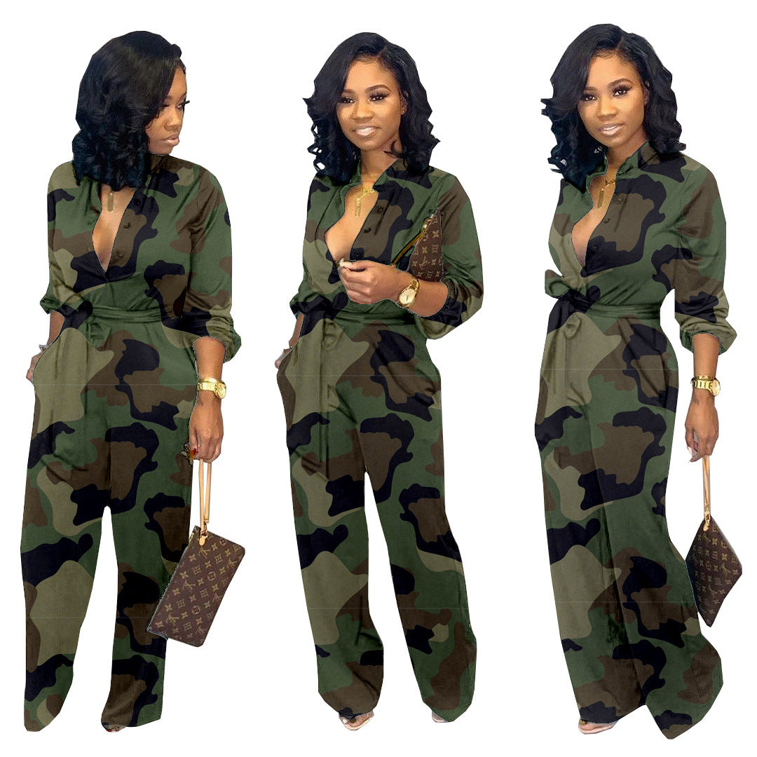 Camoflauge V-Neck Long Sleeve Women's Wide Leg Jumpsuit