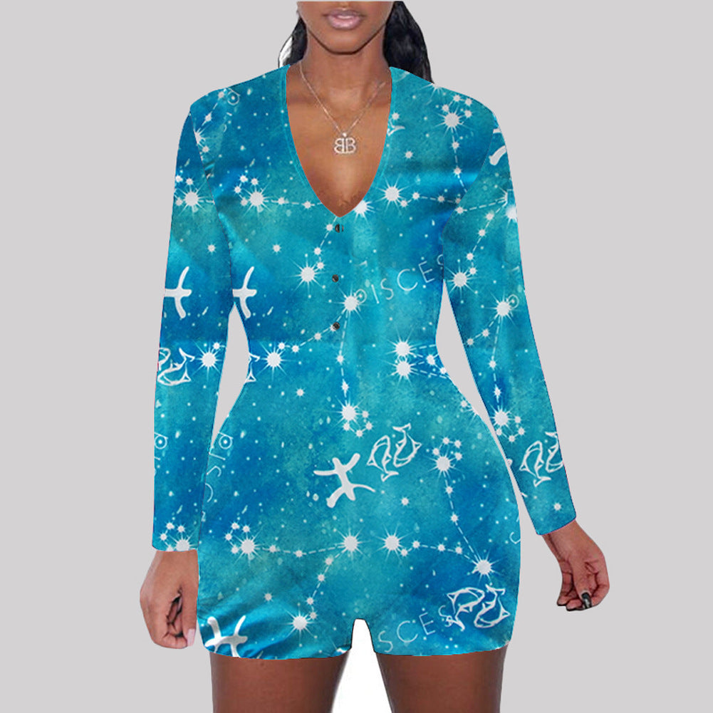 Astronomy Print Long Sleeve V-Neck Bodycon Women's One Piece Shorts Romper