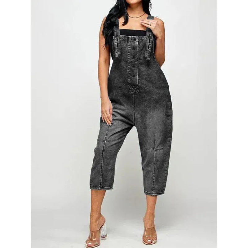 Denim Faded Colorblock Women's Button Front Overalls Jean Jumpsuit to 3X Plus Size