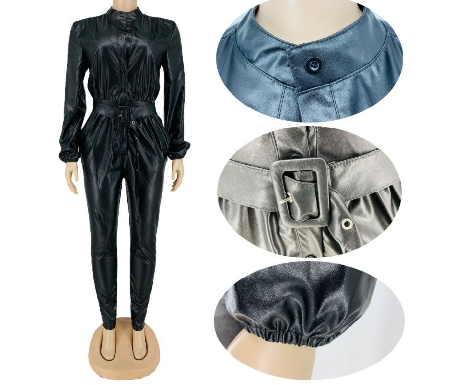 PU Leather Women's Long Sleeve Button-Up Cinched Waist Sash Belted Jumpsuit