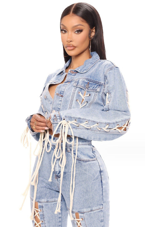 Sky Blue Denim Washed Lace-Up Women's Crop Jean Jacket to 4X Plus Size