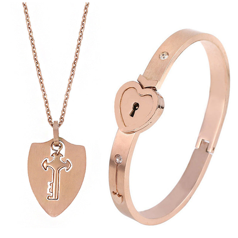 Titanium Sparkling Steel Couple Love Lock Chain Necklace + Bracelet Key Set