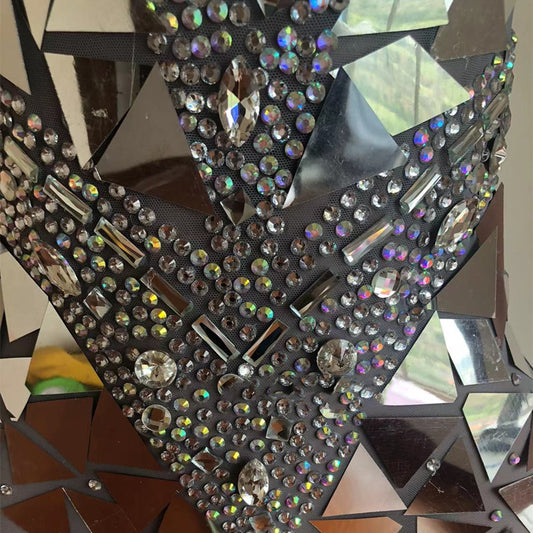 Silver Sparkling Sequin Rhinestone Geometric Mirror Effect Zipper Back Formal Maxi Party/Prom Dress