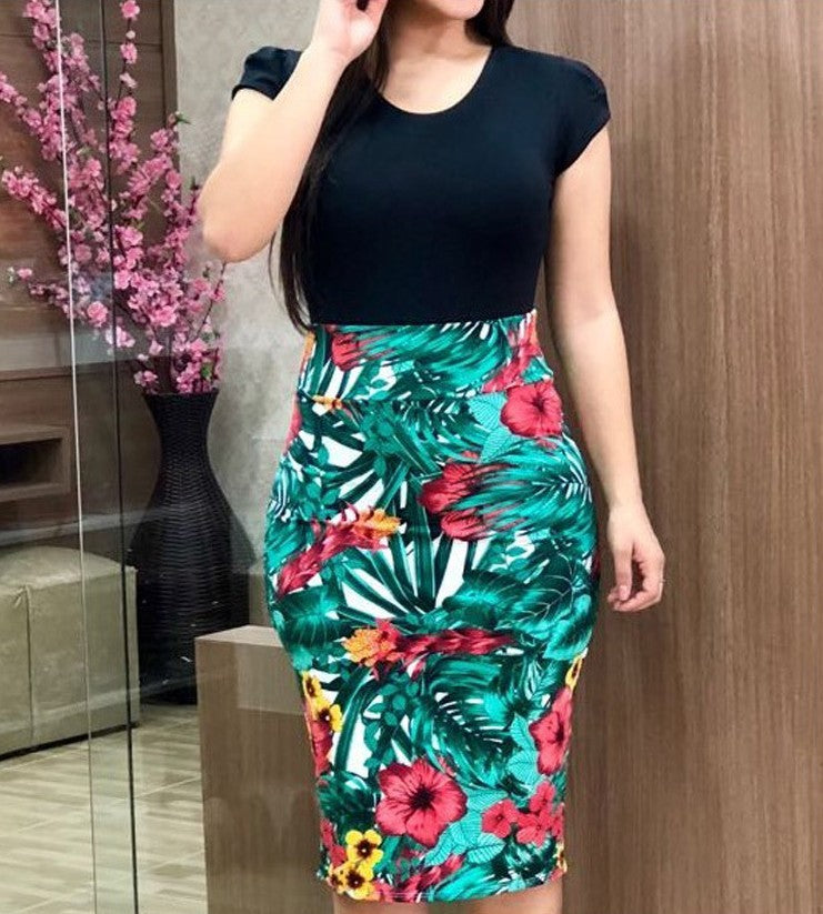 Floral/Striped Colorblock Printed Office Midi Pencil Dress