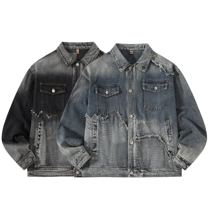 Men's Washed Denim Ripped Gradient Colorblock  Button Front Jean Jacket