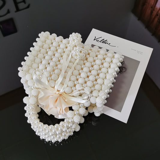 Satin Pearl Beaded Bowknot Decor Square French Niche Hand-Weaved Dinner Satchel Purse