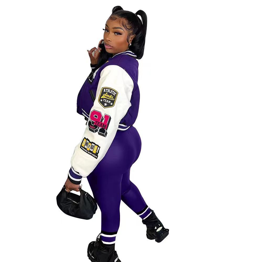 Colorblock Varsity Women's Hip-Hop Letterman's Baseball Bomber Jacket + Sweatpants 2-Piece Set