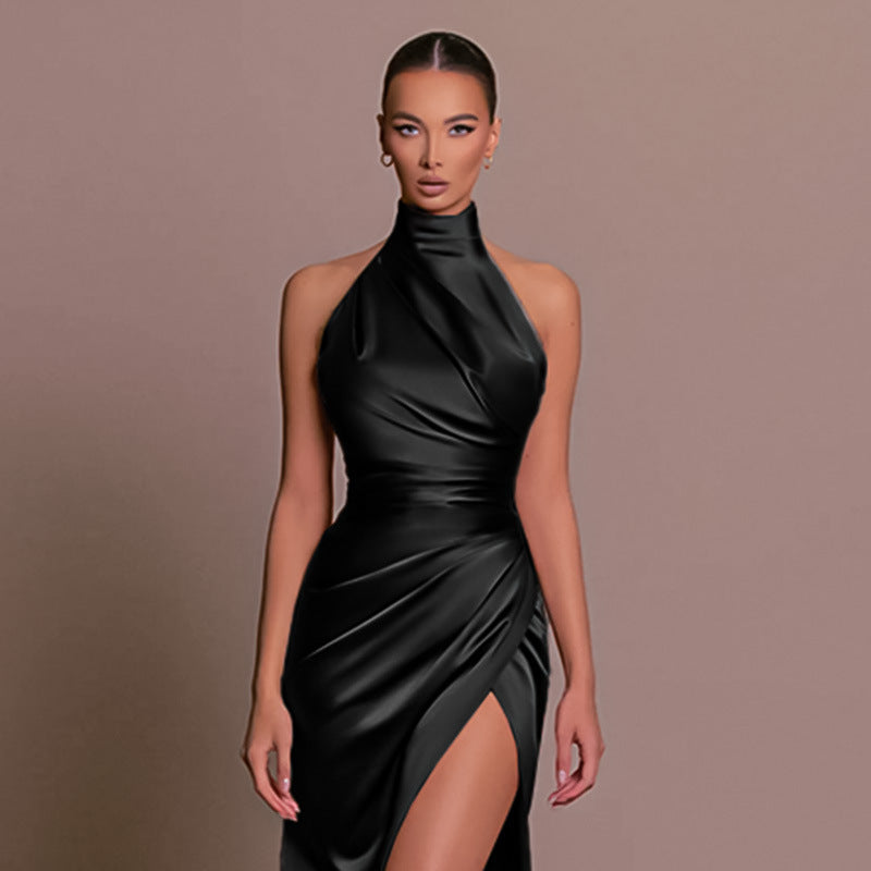Sleeveless Pleated Ruched Stand Collar High Slit Solid Color Formal Party/Prom Maxi Dress