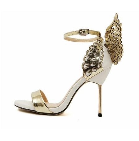 Metallic Butterfly Wing Design Open Toe Women's Stiletto Heel Sandal Pumps