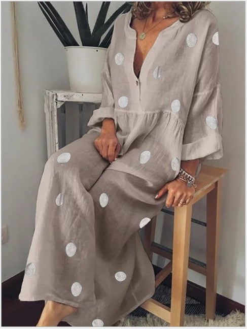 Polka Dot Print Women's Deep V-Neck Long Sleeve Jumpsuit to 5X Plus Size