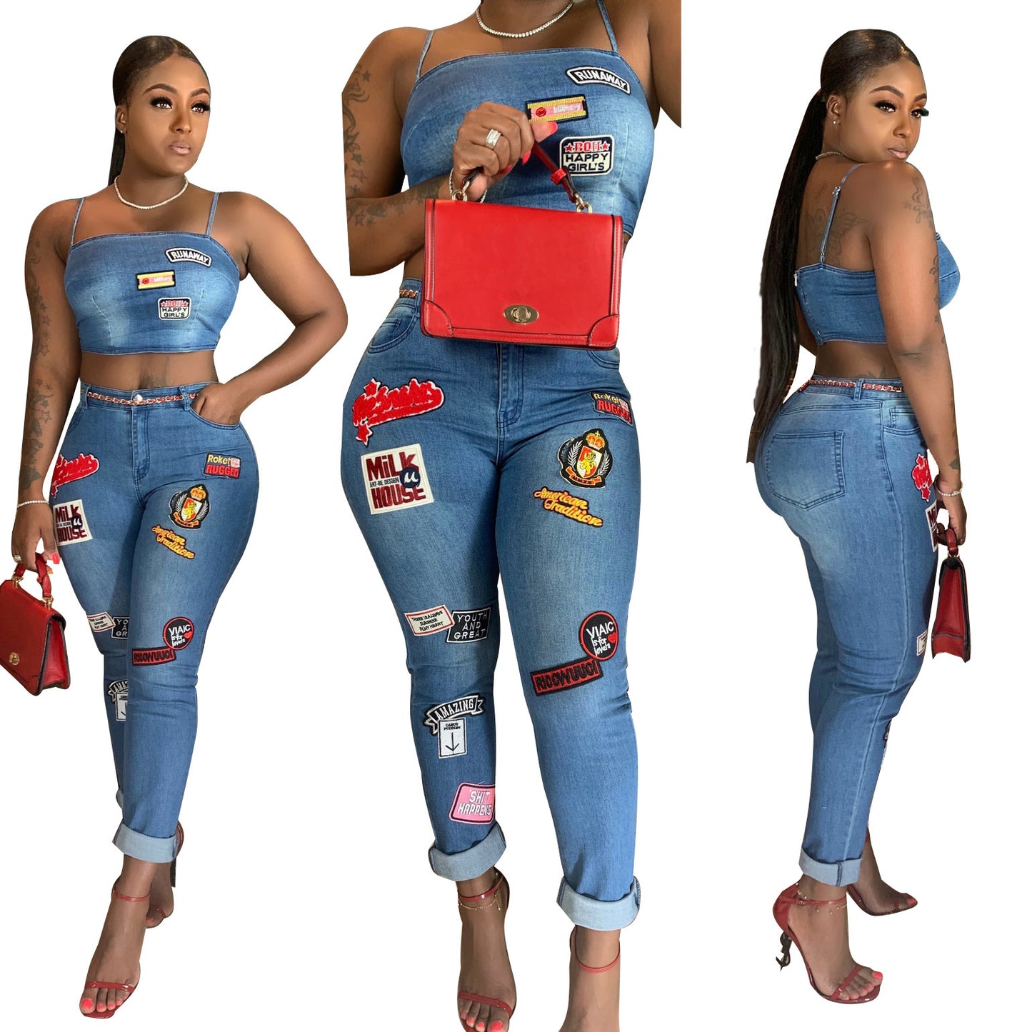 Denim Streetwear Cartoon Patchwork Design Women's Tube Top + Skinny Cuffed Jeans 2-Piece Set