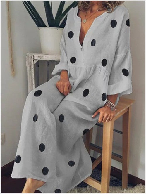 Polka Dot Print Women's Deep V-Neck Long Sleeve Jumpsuit to 5X Plus Size