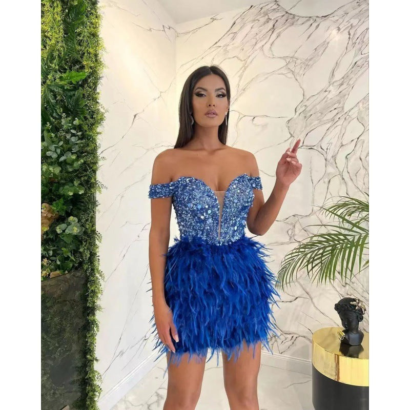 Sequined Feather Design V-Neck Off-the-Shoulder Formal Party Dress