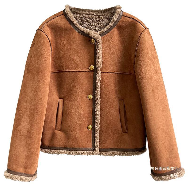 Lamb Faux Fur Plush Fleece Lined  Mandarin Collar Women's Button-Up Jacket