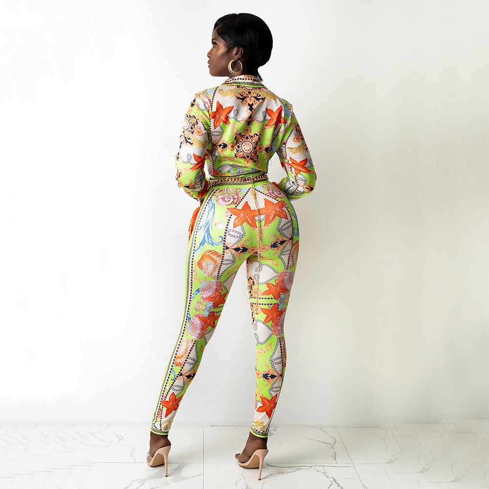 Tropical Starfish Baroque Chain Print Turn-Down Collar Long Sleeve Lace-Up Blouse+ Skin Tight Leggings Women's 2-Piece Set