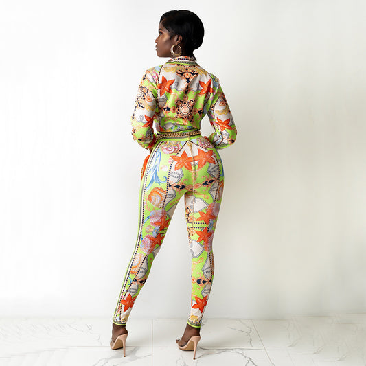 Tropical Starfish Baroque Chain Print Turn-Down Collar Long Sleeve Lace-Up Blouse+ Skin Tight Leggings Women's 2-Piece Set