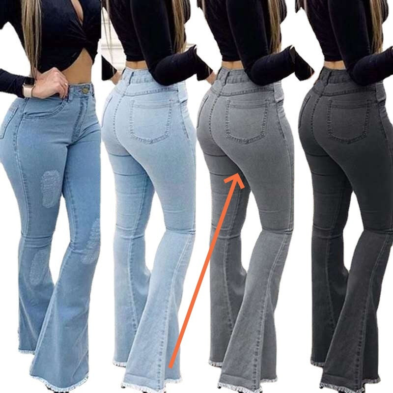 Denim Ripped Tassel Design Women's Elastic Wide Leg Bootcut Jeans