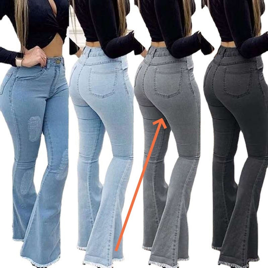 Denim Ripped Tassel Design Women's Elastic Wide Leg Bootcut Jeans