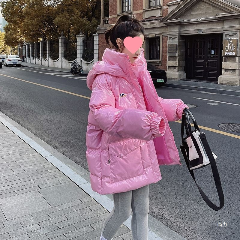 Pink Glossy Down Cotton-padded Jacket Women's Mid-length New