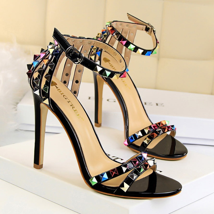 Open Toe Cut-Out Rainbow Tassel Fringe Buckle Strap Stiletto Heel Sandal Pumps