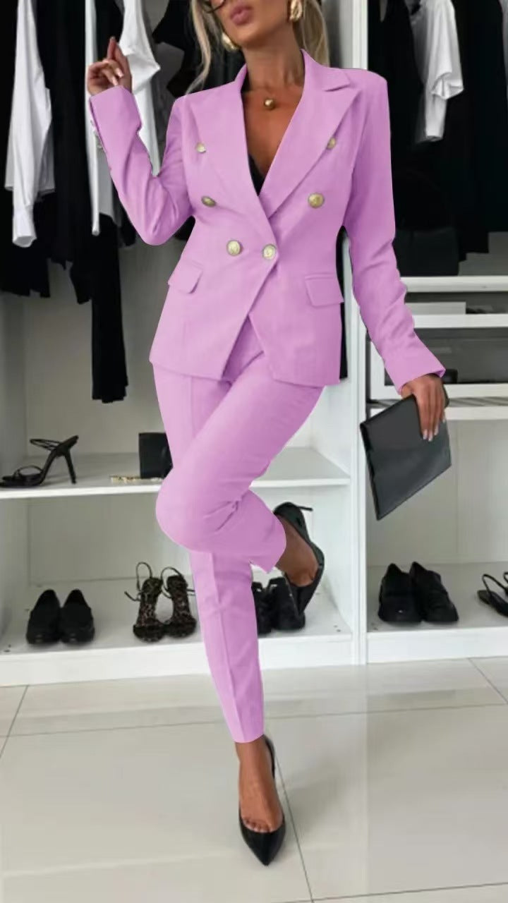 Double Breasted Button-Up Women's Blazer Jacket + Skinny Trouser Pants Women's Office Business Suit
