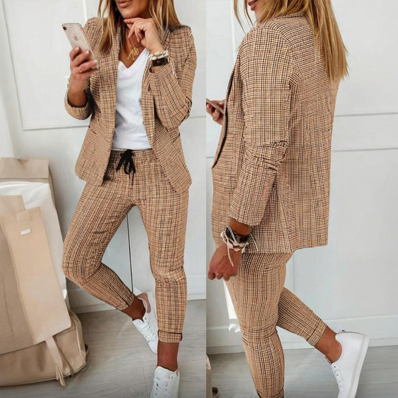 Plaid Single Breasted Blazer Jacket & Drawstring Women's Pants Business Casual Suit