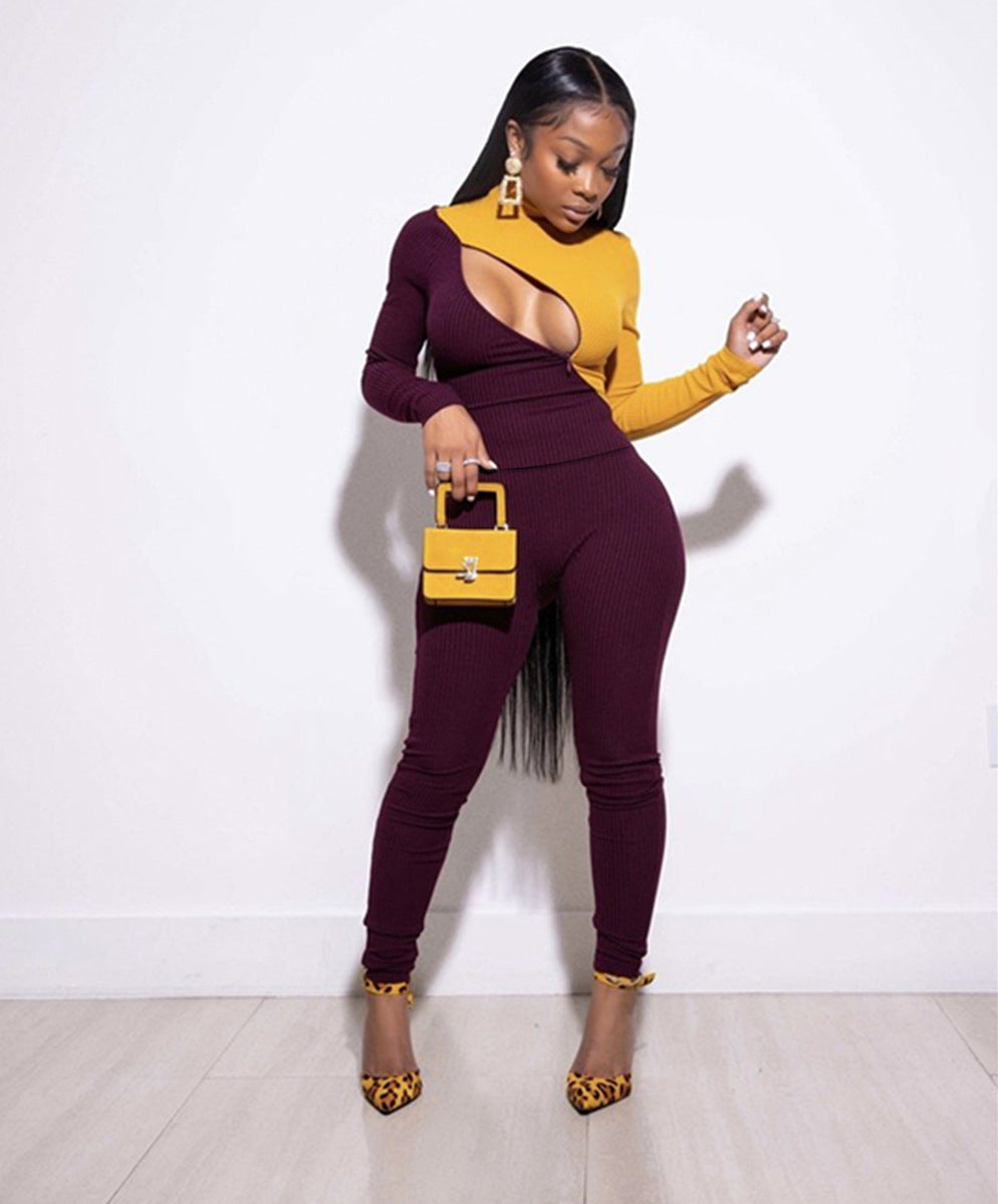 Colorblock Mock Neck Hollow-Out Long Sleeve Skinny Women's Jumpsuit