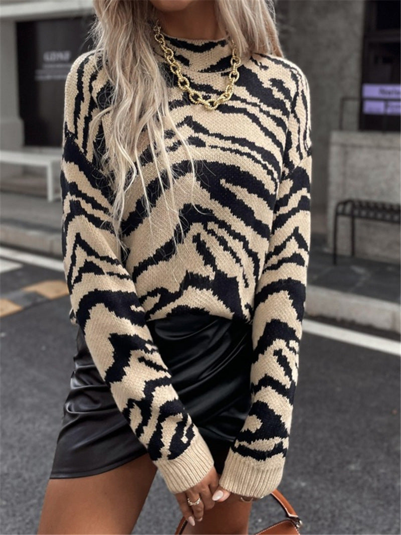 Zebra Print Loose Pullover Pattern Women's Knitted Sweater
