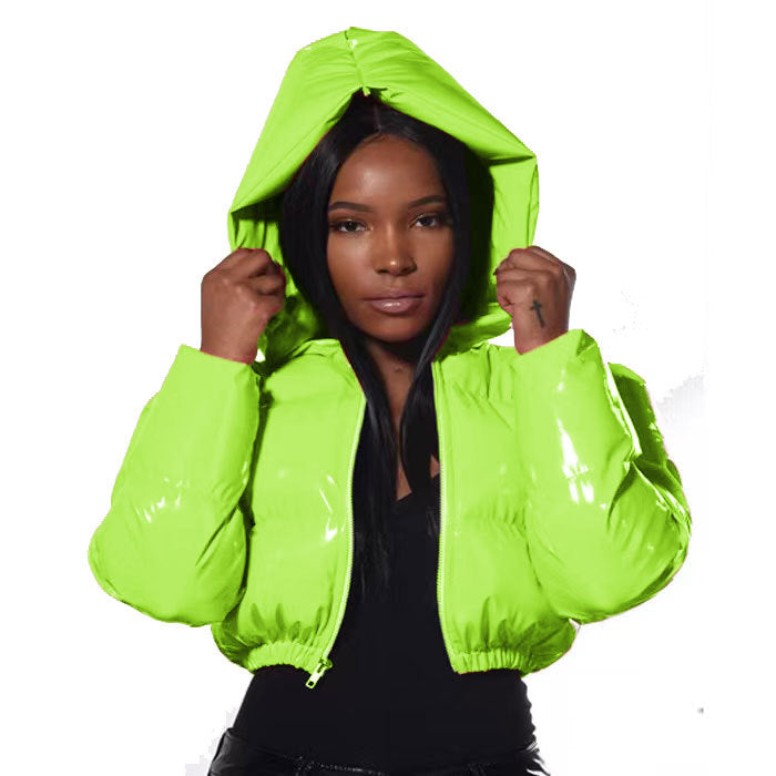 Glossy Hip-Hop Faux Leather Cropped Women's Down Cotton Puffer Hoodie Jacket