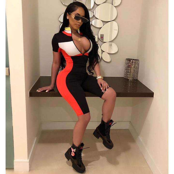 Side Striped Colorblock Short Sleeve Skinny Fitness Bodycon Women's Zipper Front Shorts Gym Romper