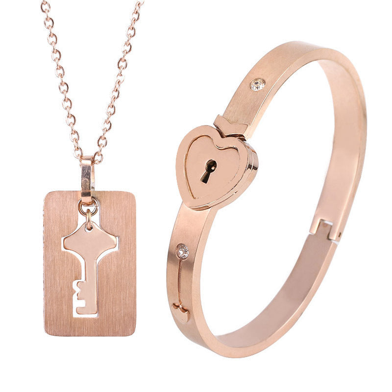 Titanium Sparkling Steel Couple Love Lock Chain Necklace + Bracelet Key Set