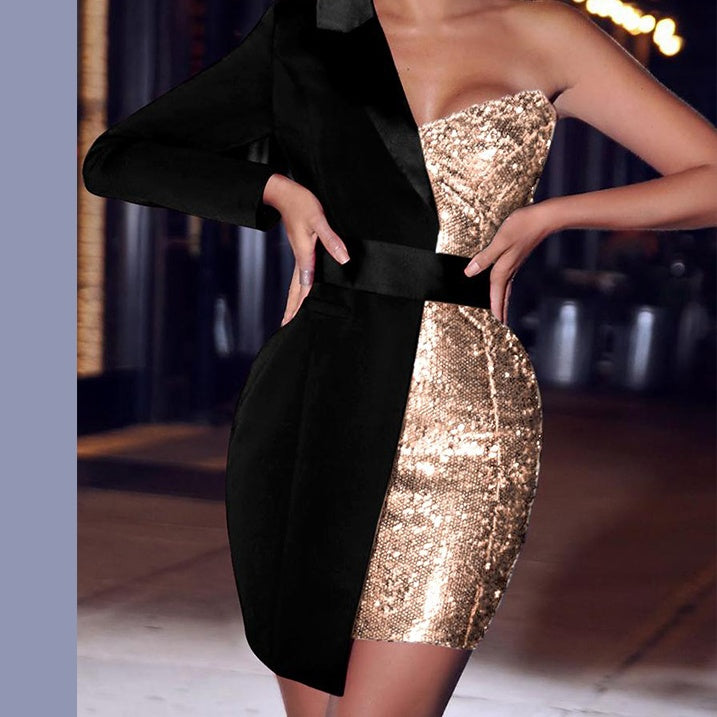 Sequin Sparkling Glitter Panelled Colorblock 2-Tone One Sleeve Formal Mini Party Dress