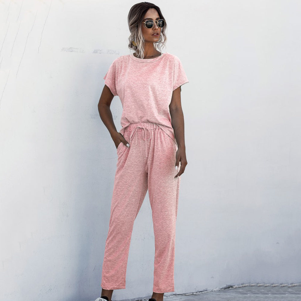 Round Neck Solid Color Short Sleeve Women's T-Shirt + Casual Pants 2-Piece Set to 3X Plus Size