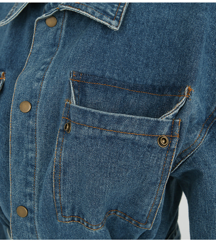 Denim Blue Double Pocket Design Turn-Down Collar Long Sleeve High Slit Maxi Jean Dress