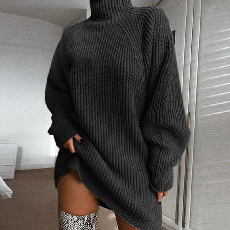 Solid Turtleneck Long Sleeve Mini Sweater Dress