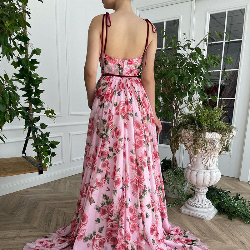 Pink Vintage Flower Print Spaghetti Strap Sleeveless V-Neck High Slit Maxi Dress