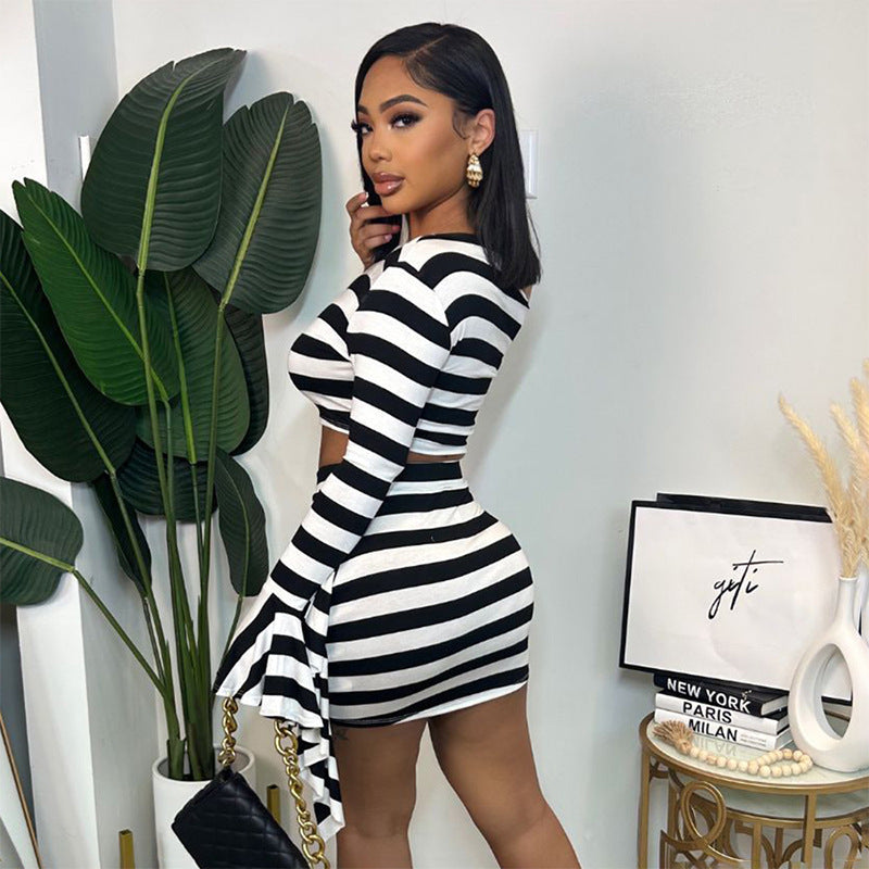 Black/White Off-the-Shoulder Striped Long Sleeve Crop Top + Mini Skirt Women's 2-Piece Set