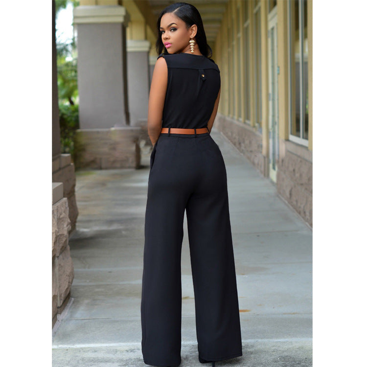 Ruched Sleeveless Deep V-Neck Solid Color Women's Jumpsuit