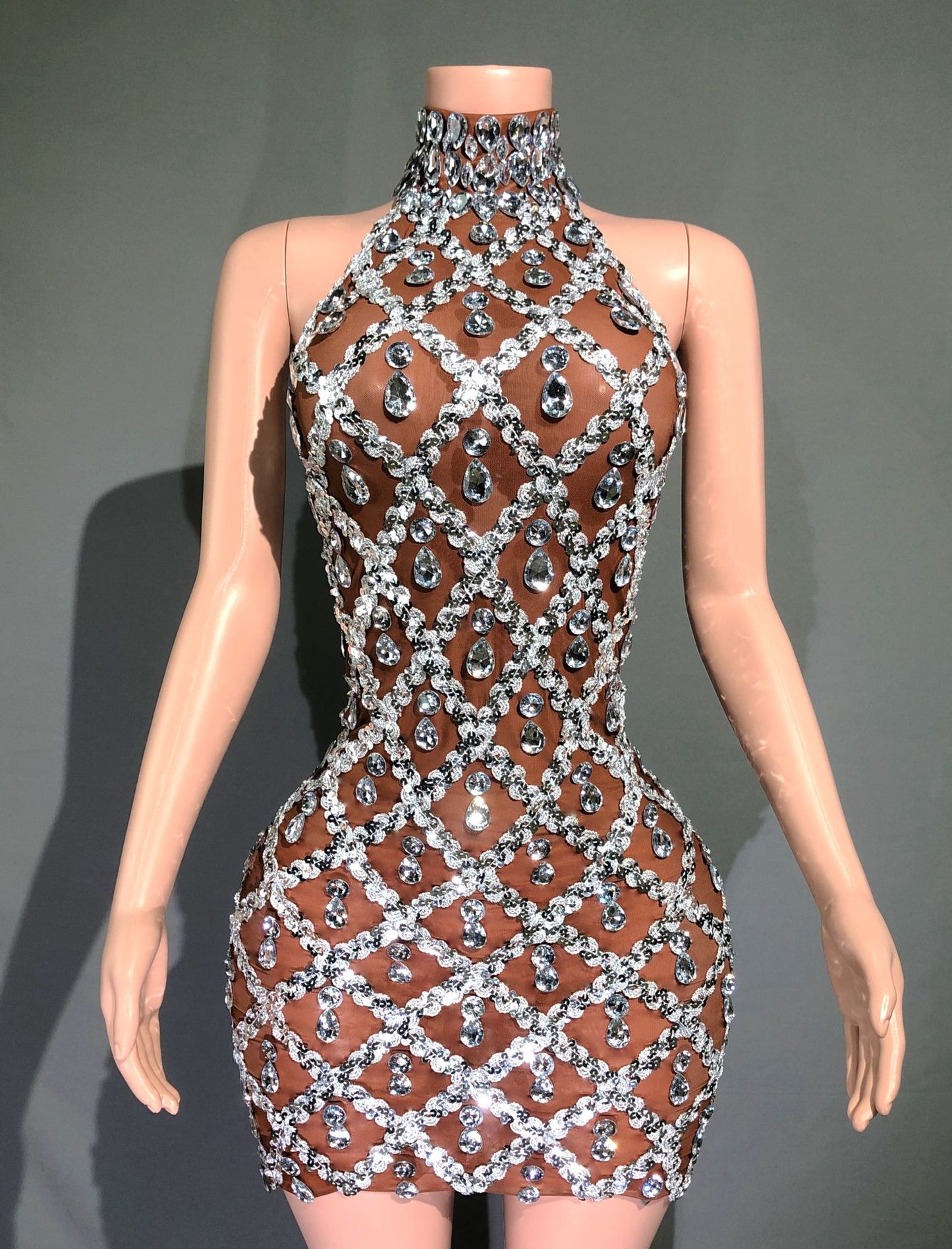 Diamond Sequin Mesh Geometric Hollow-Out Design Sleeveless Mini Zipper Back Formal Mini Dress