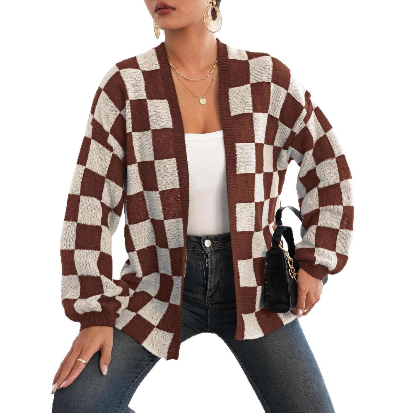 Wool Checker Plaid Print Women's Open Cardigan Sweater