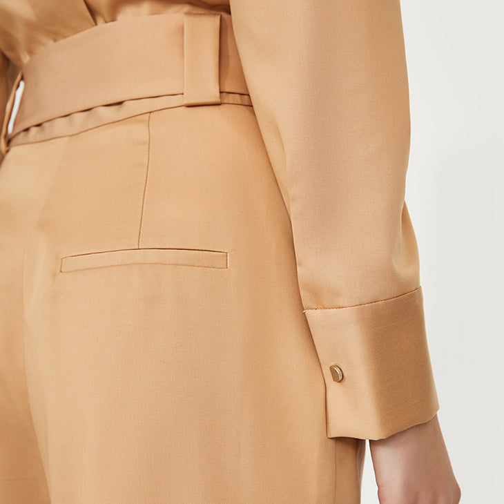 Rivet Turn-Down Collar Long Sleeve Skinny Solid Color Women's Zipper Jumpsuit w/ Sash Belt