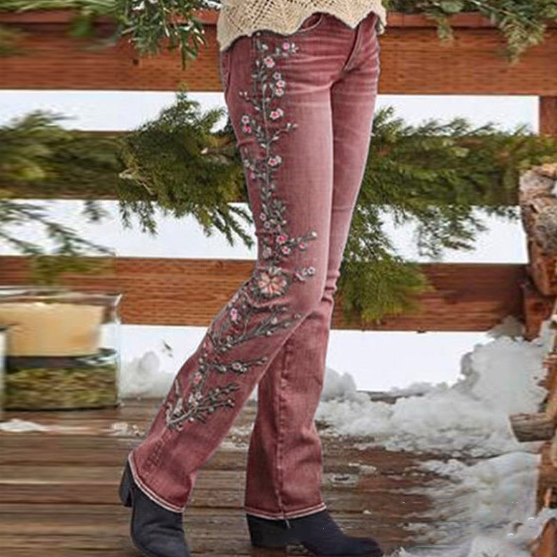 Faded Denim Flower Embroidered Colorblock Retro Straight Leg Women's Jeans to 3X Plus Size