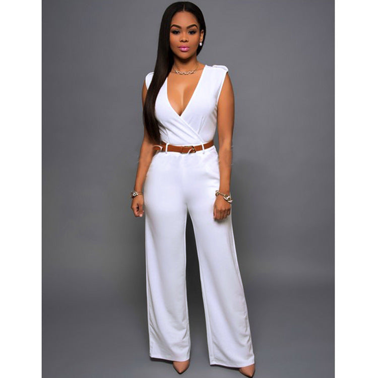 Ruched Sleeveless Deep V-Neck Solid Color Women's Jumpsuit