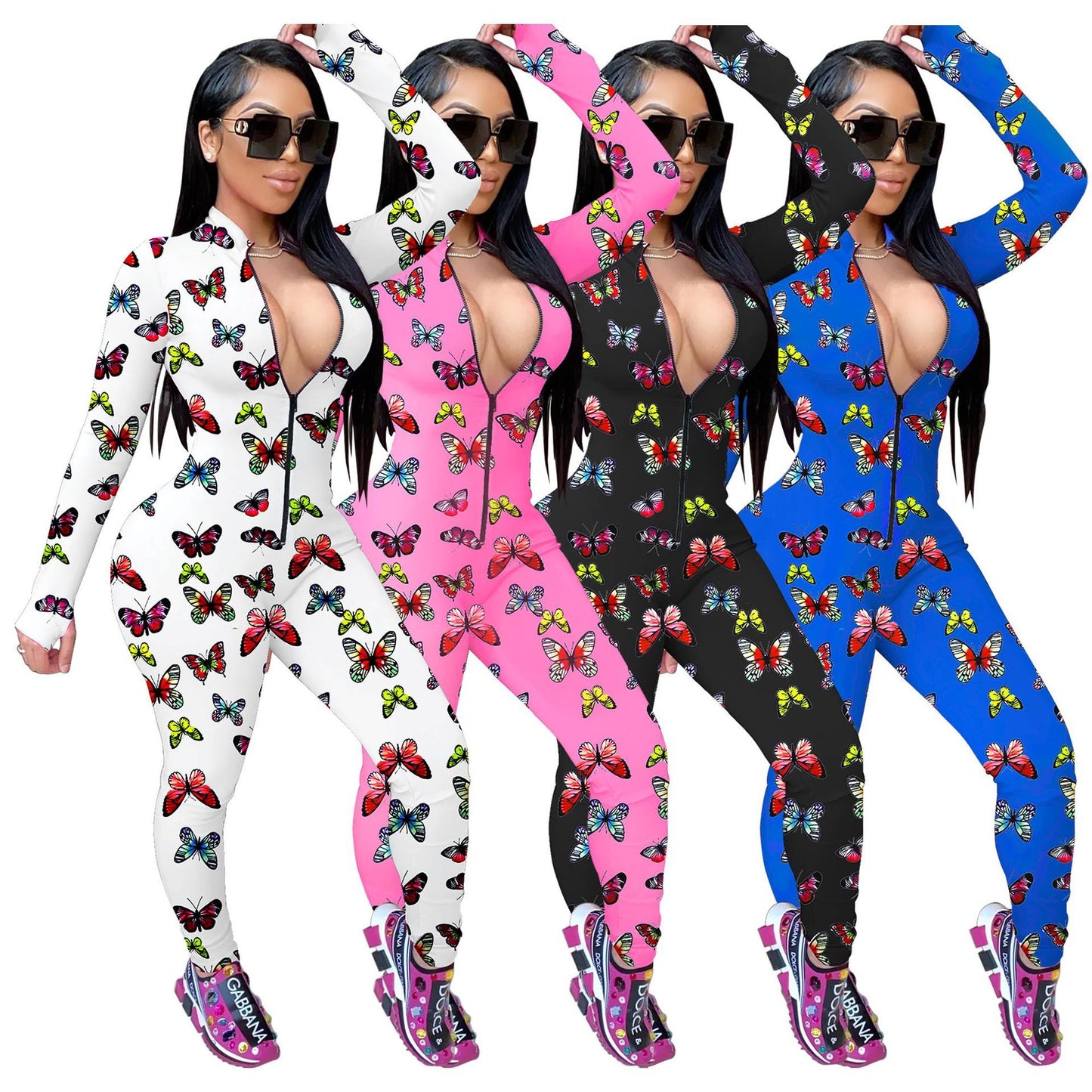 Butterfly Print Long Sleeve Women's Skin Tight Onesie Jumpsuit