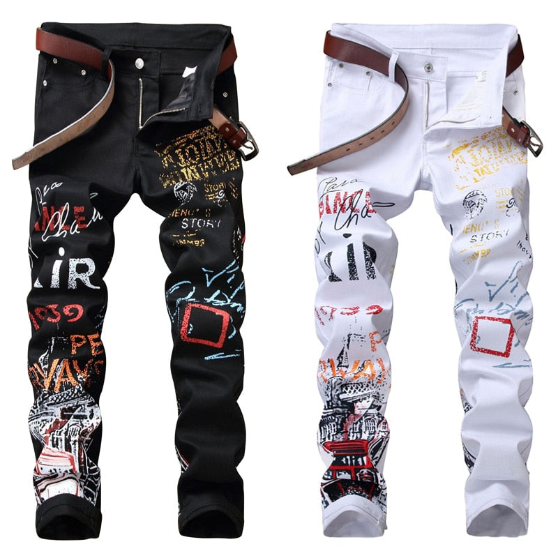 Men's White/Black Hip-Hop Graffiti Letter Print Ruched Skinny Jeans