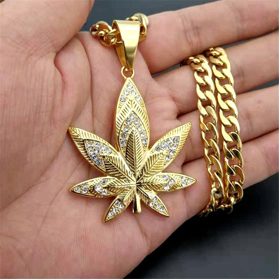 Diamond Ganga Hemp Leaf Pendant Hip-Hop Big Gold Chain Necklace